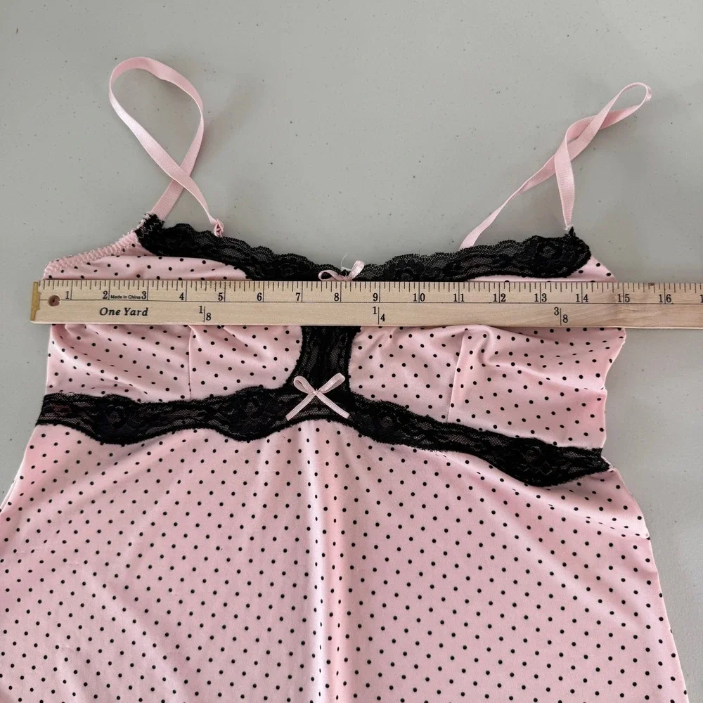 Polka Dot Babydoll Pajama Set Sz L Pink Lace Trim Coquette Balletcore Sleepwear‎
